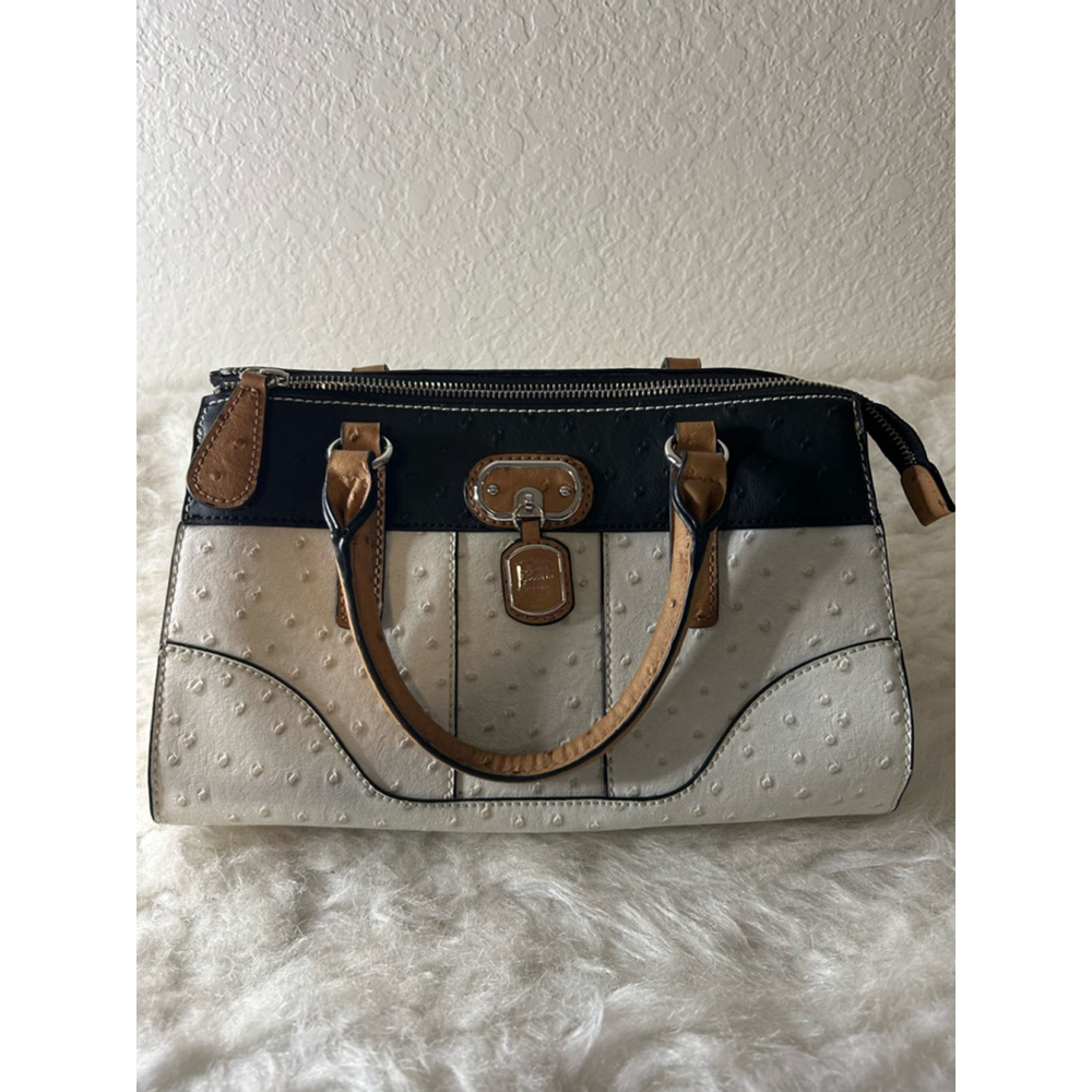 Guess White and Black Ostrich Faux Leather Top Handle Bag Purse